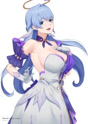 Rule 34 | 1girl, :d, absurdres, bare shoulders, blue eyes, blue hair, choker, commentary, detached sleeves, dress, gloves, hair intakes, hand on own chest, herzu, highres, honkai: star rail, honkai (series), long hair, looking at viewer, open mouth, purple choker, robin (honkai: star rail), short sleeves, simple background, smile, solo, strapless, strapless dress, upper body, very long hair, white background, white dress, white gloves