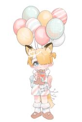 Rule 34 | 1boy, aged down, alternate costume, animal ear fluff, animal ears, balloon, belt collar, blonde hair, blue eyes, blush, brown footwear, chibi, child, collar, commentary, curly eyebrows, fox boy, fox ears, fox tail, frills, full body, hair over one eye, heart, knee blush, kneehighs, light frown, lily-summer-0607, long bangs, looking at viewer, male focus, multicolored clothes, one piece, sanji (one piece), short hair, shorts, side ponytail, simple background, socks, standing, striped clothes, striped shorts, symbol-only commentary, tail, white background, white socks
