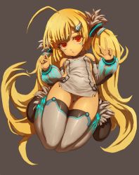 Rule 34 | 1girl, :o, absurdly long hair, ahoge, azur lane, bad id, bad pixiv id, blonde hair, breasts, cameltoe, detached sleeves, eldridge (azur lane), facial mark, full body, glowing, grey background, grey thighhighs, hair ornament, hairclip, highres, knees together feet apart, long hair, looking at viewer, maebari, osobachan, red eyes, small breasts, solo, thighhighs, twintails, very long hair, w
