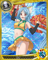 Rule 34 | 10s, 1girl, animal ears, antenna hair, argyle, argyle background, argyle clothes, artist request, blue background, blue hair, breasts, card (medium), cat ears, character name, cheerleader, chess piece, covered erect nipples, fang, halftone, halftone background, high school dxd, li (high school dxd), long hair, magic circle, medium breasts, official art, pawn (chess), pom pom (cheerleading), short hair, skirt, solo, trading card, very long hair