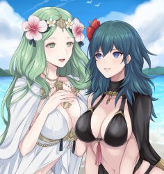 Rule 34 | 2girls, :d, bikini, black bikini, black cape, black vs white, blue eyes, blue hair, blue sky, breasts, byleth (female) (fire emblem), byleth (fire emblem), cape, cloud, commentary, day, female focus, fire emblem, fire emblem: three houses, fire emblem heroes, flower, green eyes, green hair, grin, hair between eyes, hair flower, hair ornament, hibiscus, highres, large breasts, long hair, looking at another, matching hair/eyes, multiple girls, navel, nintendo, official alternate costume, one-piece swimsuit, open mouth, outdoors, pink flower, red flower, rhea (fire emblem), shimizu akina, sky, smile, stomach, swimsuit, symbol-only commentary, upper body, white flower, white one-piece swimsuit