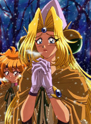 Rule 34 | 1990s (style), 2girls, anime coloring, bare tree, blonde hair, blue eyes, breath, cape, filia ul copt, gloves, hat, lina inverse, long hair, multiple girls, norie, official style, own hands clasped, own hands together, red eyes, retro artstyle, serious, slayers, slayers try, snowing, tree, white gloves, winter