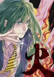 Rule 34 | 1boy, bishounen, blue eyes, closed mouth, collared shirt, commentary request, fire, green hair, grey jacket, hand up, highres, hikaru no go, holding, hun (endlesslovehikaru), jacket, long hair, looking away, male focus, necktie, outline, shirt, solo, sparkle, striped necktie, touya akira, upper body, v-shaped eyebrows, white shirt, yellow necktie