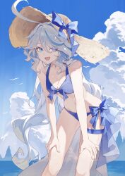 Rule 34 | 1girl, absurdres, alternate costume, bikini, blue bikini, blue eyes, blue sky, breasts, cloud, cowlick, feet out of frame, front-tie bikini top, front-tie top, furina (genshin impact), genshin impact, grey hair, hands on own thighs, hat, heterochromia, highres, horizon, leaning forward, long hair, looking at viewer, medium breasts, navel, open mouth, shijiuqaq, side-tie bikini bottom, sky, solo, stomach, straw hat, swimsuit, thigh strap, very long hair, wavy hair