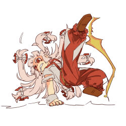 Rule 34 | 1girl, baggy pants, bow, brown footwear, cigarette, commentary, ezier, fujiwara no mokou, full body, grey hair, grey shirt, hair bow, handstand, high kick, highres, kicking, long hair, midair, one arm handstand, pants, parkour, parted lips, red eyes, red pants, shirt, simple background, solo, suspenders, torn clothes, torn sleeves, touhou, very long hair, white background, white bow, wrist cuffs