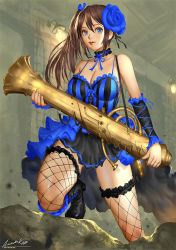 Rule 34 | 1girl, ariverkao, bare shoulders, blue eyes, boots, breasts, brown hair, choker, cleavage, closed mouth, cross-laced footwear, dress, fishnets, flower, hair flower, hair ornament, hair ribbon, knee boots, lace-up boots, large breasts, lips, looking at viewer, original, ribbon, side ponytail, solo, thighhighs, weapon