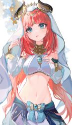 Rule 34 | 1girl, absurdres, bare shoulders, blue eyes, blue skirt, breasts, brooch, crop top, detached sleeves, genshin impact, hand on own chest, hand up, head tilt, highres, horns, jewelry, long hair, long sleeves, looking at viewer, midriff, navel, nilou (genshin impact), parted lips, red hair, skirt, small breasts, solo, stomach, upper body, veil, very long hair, yutou (yutou75)