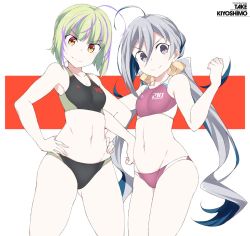 Rule 34 | 2girls, ahoge, anchor symbol, bikini, black one-piece swimsuit, blue hair, character name, closed mouth, clothes writing, collarbone, cowboy shot, fish, green hair, grey eyes, grey hair, groin, hands on own hips, kantai collection, kiyoshimo (kancolle), long hair, low twintails, multicolored hair, multiple girls, navel, one-piece swimsuit, purple hair, purple one-piece swimsuit, shigino sohuzi, short hair, smile, sports bikini, sportswear, swimsuit, take (kancolle), twintails, two-tone hair, v-shaped eyebrows, yellow eyes
