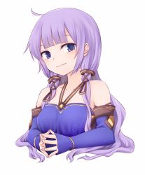 Rule 34 | 1girl, ahoge, alternate hair length, alternate hairstyle, bare shoulders, blue eyes, blush, closed mouth, detached sleeves, fingers together, long hair, long sleeves, looking at viewer, miyo (ranthath), purple hair, sidelocks, simple background, smile, solo, upper body, vocaloid, white background, yuzuki yukari