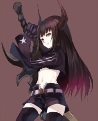 Rule 34 | 10s, 1girl, black gold saw, black hair, black rock shooter, black thighhighs, brown background, claws, demon horns, gradient hair, horns, king saw, long hair, midriff, multicolored hair, navel, parsley-f, red eyes, red hair, shorts, simple background, solo, sword, thighhighs, weapon