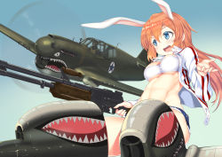 Rule 34 | 1girl, 1other, a9b (louis814), absurdres, afterimage, aircraft, airplane, animal ears, bandeau, blue eyes, blue shorts, blue sky, charlotte e. yeager, clear sky, commentary, cutoffs, denim, denim shorts, double vertical stripe, escort fighter, flying, gun, highres, holding, holding gun, holding weapon, jacket, long hair, long sleeves, looking at another, machine gun, medium hair, military, military vehicle, open clothes, open jacket, open mouth, orange hair, p-51 mustang, rabbit ears, rabbit girl, roundel, shark print, shorts, sky, smile, strike witches, striker unit, submachine gun, thompson submachine gun, trigger discipline, vehicle focus, weapon, white jacket, world witches series