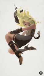 Rule 34 | 1girl, absurdres, artist name, blonde hair, boots, clothing request, commentary, dana (ocana dana), fang, gravity daze, green hair, high heel boots, high heels, highres, kitten (gravity daze), looking to the side, open mouth, red eyes, signature, simple background, solo, teeth, white background