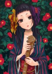 Rule 34 | 10s, 1girl, bad id, bad pixiv id, black hair, black nails, blunt bangs, bow, breasts, camellia, flower, green eyes, hair bow, head tilt, holding, holding instrument, instrument, japanese clothes, kimono, lace-trimmed sleeves, lace trim, long hair, long sleeves, looking at viewer, loose clothes, makeup, marimari (show by rock!!), medium breasts, misaka (05), nail polish, obi, parted lips, purple bow, red flower, red lips, sash, show by rock!!, solo, striped clothes, striped kimono, upper body, wide sleeves, yellow bow