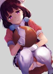 Rule 34 | 1girl, apron, ass, blend s, brown hair, gloves, grey background, hair ornament, half-closed eyes, head scarf, highres, holding, holding tray, long hair, looking at viewer, looking down, low twintails, panties, pantyshot, parted lips, puffy short sleeves, puffy sleeves, purple eyes, rouka (akatyann), sakuranomiya maika, shirt, shoes, short sleeves, simple background, skirt, solo, squatting, thighhighs, tray, twintails, underwear, waitress, white apron, white gloves, white panties, white thighhighs, wing collar