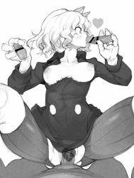 Rule 34 | 1girl, aioi u, animal ears, bad id, bad twitter id, bar censor, breasts, breasts out, censored, clothed sex, disembodied penis, fellatio, greyscale, handjob, heart, heart censor, hunter x hunter, monochrome, neferpitou, nipples, oral, penis, sex, short hair, sketch, torn clothes, vaginal