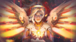 Rule 34 | blonde hair, blue eyes, commentary, crying, crying with eyes open, glowing, gold, halo, highres, lips, looking at viewer, mechanical halo, mercy (overwatch), nose, overwatch, overwatch 1, parted lips, red lips, seiorai, solo, tears, teeth, upper body