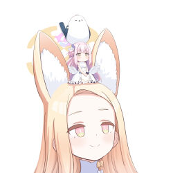 Rule 34 | 2girls, angel wings, animal, animal ear fluff, animal ears, animal on head, bird, bird on head, blonde hair, blue archive, blunt bangs, commentary request, cruciform halo, extra ears, feathered wings, flower, forehead, fox ears, fox girl, hair flower, hair ornament, hair scrunchie, halo, long hair, looking at another, looking up, mika (blue archive), mini person, minigirl, multiple girls, o (rakkasei), on head, orange eyes, parted bangs, pink hair, school uniform, scrunchie, seia (blue archive), sidelocks, simple background, size difference, smile, turtleneck, white bird, white wings, wings, wrist scrunchie, yellow eyes
