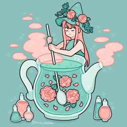 Rule 34 | 1girl, aqua background, aqua hat, aqua shirt, bare arms, bare shoulders, bud, closed eyes, closed mouth, commentary, cork, emily kim, english commentary, flower, glass bottle, hat, hat flower, holding, holding spoon, instagram username, leaf, light blush, light smile, long hair, original, oversized object, pink flower, pink hair, pink rose, potion, rose, shadow, shirt, sidelocks, simple background, sleeveless, sleeveless shirt, smoke, solo, sparkle, spoon, stirring, straight hair, teapot, third-party source, witch, witch hat