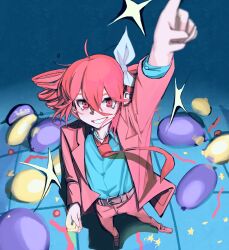 Rule 34 | 1girl, ahoge, balloon, belt, blazer, blue shirt, blurry, brown belt, collared shirt, commentary request, confetti, depth of field, drill hair, formal, full body, grin, haidao mao, hair between eyes, highres, jacket, kasane teto, kasane teto (sv), liar dancer (synthesizer v), long bangs, looking at viewer, medium hair, messy hair, necktie, pants, pink eyes, pink hair, pink jacket, pink necktie, pink pants, pointing, pointing up, shirt, smile, solo, sparkle, suit, tearing up, tile floor, tiles, twin drills, utau