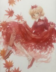 Rule 34 | 1girl, aki shizuha, autumn leaves, blonde hair, closed mouth, commentary request, dress, full body, hair ornament, highres, leaf, leaf hair ornament, long sleeves, looking at viewer, maple leaf, misawa hiroshi, one-hour drawing challenge, painting (medium), red dress, red footwear, short hair, simple background, smile, socks, solo, touhou, traditional media, watercolor (medium), white socks, yellow eyes