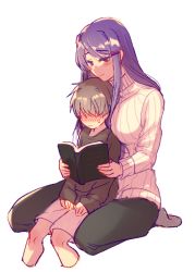 Rule 34 | 1boy, 1girl, age difference, aged down, between breasts, black pants, book, breasts, brown shirt, child, doki doki literature club, embarrassed, feet out of frame, full body, grey legwear, hair ornament, hairclip, half-closed eyes, height difference, holding, holding book, large breasts, long hair, long sleeves, looking down, no eyes, onee-shota, pants, person between breasts, protagonist (doki doki literature club), purple eyes, purple hair, reading, ribbed sweater, shirt, sidelocks, simple background, sitting, sitting on lap, sitting on person, smile, socks, sora (efr), sweater, tall female, tsurime, turtleneck, turtleneck sweater, very long hair, white background, white sweater, yuri (doki doki literature club)
