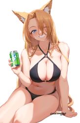 Rule 34 | 1girl, ;d, absurdres, animal ear fluff, animal ears, arm support, artist name, bikini, black bikini, blue eyes, blush, breasts, can, cleavage, collarbone, commentary, commission, copyright request, drink can, enferverge, english commentary, extra ears, grin, hair over one eye, halterneck, hand up, head tilt, highres, holding, holding can, large breasts, leaning forward, light brown hair, long hair, looking at viewer, navel, o-ring, o-ring bikini, o-ring top, one eye closed, open mouth, parted bangs, simple background, sitting, smile, soda can, solo, stomach, swimsuit, very long hair, white background