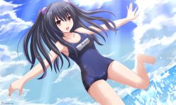 Rule 34 | 10s, 1girl, :d, barefoot, black hair, breasts, cloud, collarbone, covered navel, day, dutch angle, female focus, hair ornament, highres, kazenokaze, lens flare, light rays, long hair, medium breasts, name tag, neptune (series), ocean, one-piece swimsuit, open mouth, red eyes, school swimsuit, sky, smile, solo, standing, standing on one leg, sunbeam, sunlight, swimsuit, two side up, uni (neptunia), water