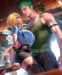 Rule 34 | 1boy, 1girl, against table, black pants, black thighhighs, blonde hair, blue eyes, blush, breasts, buttons, collared shirt, curly eyebrows, drink, earrings, food, genderswap, genderswap (mtf), green hair, green tank top, hair over one eye, hetero, jewelry, large breasts, lips, looking at another, medium hair, muscular, muscular male, one piece, open mouth, pants, parted lips, roronoa zoro, sakimichan, sanji (one piece), shirt, short hair, shorts, sweatdrop, tank top, thick thighs, thighhighs, thighs, underwear, veins, zettai ryouiki