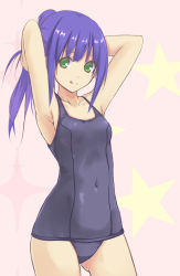 Rule 34 | 1girl, :q, armpits, arms up, bare shoulders, blue hair, fire emblem, fire emblem: path of radiance, fire emblem: radiant dawn, green eyes, highres, konimaru, long hair, looking at viewer, mia (fire emblem), nintendo, one-piece swimsuit, pink background, ponytail, school swimsuit, simple background, solo, swimsuit, tongue, tongue out