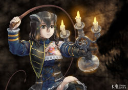 Rule 34 | 1girl, black hair, bloodstained: ritual of the night, candle, candlestand, hair between eyes, kensaint, miriam (bloodstained), solo, stained glass, weapon, whip