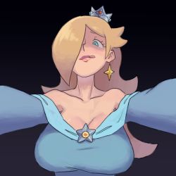 Rule 34 | 1girl, absurdres, black background, blue eyes, breasts, brooch, cleavage, collarbone, crown, dress, earrings, facing viewer, hair over one eye, highres, jewelry, karu 184, large breasts, licking lips, looking at viewer, mario (series), nintendo, pov, rosalina, smile, solo, super mario galaxy, tongue, tongue out, you gonna get raped