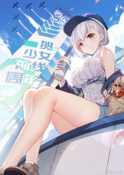 Rule 34 | 1girl, aircraft, airplane, anniversary, bag, bag charm, banner, bare shoulders, baseball cap, bison cangshu, breasts, charm (object), chest belt, chibi, commentary request, cup, disposable cup, earrings, fn-49 (girls&#039; frontline), fnp-9 (girls&#039; frontline), from behind, girls&#039; frontline, griffin &amp; kryuger, grifon &amp; kryuger, hat, highres, holding, holding cup, jewelry, large breasts, legs, looking at viewer, red eyes, ribbed shirt, rmb-93 (girls&#039; frontline), shirt, short hair, shorts, sitting, sky, sleeveless, sleeveless shirt, smile, solo, thighs, underbust, white hair, white shirt
