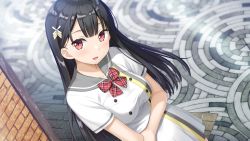 Rule 34 | 1girl, :d, black hair, bow, bowtie, breasts, collarbone, dress, game cg, grey sailor collar, hair ornament, highres, kamisama no you na kimi e, kantoku, kokuhou rein, long hair, looking at viewer, medium breasts, official art, open mouth, plaid, plaid bow, plaid bowtie, plaid neckwear, pleated dress, red bow, red bowtie, red eyes, sailor collar, sailor dress, school uniform, short dress, smile, solo, standing, straight hair, very long hair, white dress