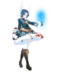 Rule 34 | androgynous, animal ears, aqua eyes, black footwear, blue hair, blue scarf, boots, coat, dominiel (epic seven), earmuffs, epic seven, full body, fur trim, gem, gender request, knee boots, mittens, official art, rabbit ears, scarf, snowflakes, snowman, solo, standing, thighhighs, transparent background, white thighhighs
