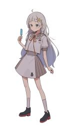 Rule 34 | 1girl, a.i. voice, ahoge, blue eyes, blunt bangs, boots, braid, brown skirt, closed mouth, collared shirt, commentary request, contrapposto, detached ahoge, food, full body, hair over shoulder, hand up, highres, holding, holding food, holding popsicle, kizuna akari, kizuna akari (tsubomi), kneehighs, light blush, long hair, looking at viewer, minatsuki (m1natsuk1), multicolored clothes, multicolored skirt, neck ribbon, orange ribbon, popsicle, puffy short sleeves, puffy sleeves, ribbed socks, ribbon, shirt, short sleeves, side braid, simple background, skirt, socks, solo, sparkle hair ornament, standing, voiceroid, white background, white shirt, white skirt, white socks