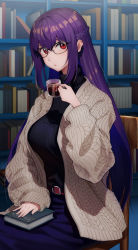 Rule 34 | 1girl, belt, book, braid, breasts, cardigan, casual, drink, fate/grand order, fate (series), french braid, glasses, hair between eyes, highres, kamo ashi, large breasts, layered clothes, long hair, looking at viewer, purple hair, red eyes, scathach (fate), scathach skadi (fate), solo, sweater, tea, turtleneck, turtleneck sweater
