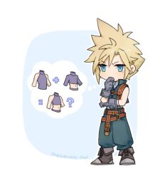 Rule 34 | 1boy, ?, belt, blonde hair, blue background, blue eyes, blue gloves, blue pants, blue vest, boots, character name, chest strap, chibi, cloud strife, cloud strife (zidane&#039;s outfit), commentary, copyright name, crop top, cropped vest, earrings, final fantasy, final fantasy vii, final fantasy vii ever crisis, full body, furrowed brow, gloves, grey footwear, hand to own mouth, hands up, high collar, jewelry, leather belt, male focus, maoli45222137, multiple belts, official alternate costume, outline, pants, puffy pants, shirt, short hair, shoulder belt, simple background, sleeveless, sleeveless turtleneck, solo, spiked hair, standing, stud earrings, symbol-only commentary, thought bubble, turtleneck, vest, white outline, white shirt