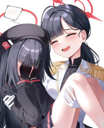 2girls :d beret black_gloves black_hair black_hat black_serafuku black_shirt black_skirt blue_archive blunt_bangs blush blush_visible_through_hands carrying chanpower233 closed_eyes commentary covered_face covering_face embarrassed epaulettes facing_another gloves halo hands_on_own_face hat highres ichika_(blue_archive) ichika_(suit)_(blue_archive) jacket justice_task_force_member_(blue_archive) long_sleeves multiple_girls nose_blush open_mouth parted_bangs ponytail princess_carry raised_eyebrows red_halo school_uniform serafuku shirt simple_background skirt small_sweatdrop smile spoken_blush white_background white_gloves white_jacket