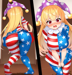 Rule 34 | 1girl, alternate breast size, american flag dress, american flag legwear, ass, blonde hair, blush, breasts, clownpiece, commentary request, daichi (tokoya), dress, feet out of frame, full body, hat, highres, indoors, jester cap, large breasts, long hair, looking at viewer, multiple views, neck ruff, no shoes, open mouth, pantyhose, pee, peeing, peeing self, polka dot headwear, purple headwear, short sleeves, star (symbol), star print, striped clothes, striped dress, striped pantyhose, tearing up, touhou, very long hair, wooden floor