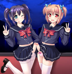 Rule 34 | 2boys, blonde hair, blue hair, bow, censored, crossdressing, cum, double v, green eyes, mary janes, multiple boys, night, night sky, one eye closed, panties, pantyhose, penis, rakkyo, red bow, red eyes, school uniform, serafuku, shoes, skirt, sky, smile, striped clothes, striped panties, thighhighs, trap, trap on trap, twintails, underwear, v, white legwear, wink, yaoi