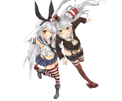 Rule 34 | 10s, 2girls, :q, amatsukaze (kancolle), arm grab, black panties, blonde hair, blush, breasts, brown eyes, crop top, dress, elbow gloves, full body, garter straps, gloves, grey eyes, hair tubes, hairband, highleg, highleg panties, highres, kantai collection, long hair, looking at another, looking at viewer, microskirt, multiple girls, navel, one eye closed, panties, sailor dress, salute, school uniform, serafuku, shimakaze (kancolle), short dress, silver hair, simple background, skirt, small breasts, standing, standing on one leg, striped clothes, striped legwear, striped thighhighs, thighhighs, tongue, tongue out, two side up, underwear, white background, white gloves, yan wen zi