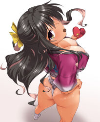 Rule 34 | 1girl, ass, black hair, breasts, brown eyes, candy, chocolate, chocolate heart, cleavage, colored inner hair, food, fundoshi, fundoshi day, hair ribbon, happi, happy valentine, heart, highres, japanese clothes, kantai collection, large breasts, long hair, multicolored hair, ribbon, tan, tanline, wedgie, yoshi tama