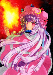 Rule 34 | 1girl, bad id, bad pixiv id, blue bow, bow, closed mouth, cowboy shot, crescent, crescent hat ornament, dress, frilled dress, frills, from behind, hair bow, hat, hat ornament, long hair, looking at viewer, looking back, magic, mob cap, patchouli knowledge, pink dress, pink eyes, pink hat, purple hair, qqqrinkappp, red background, red bow, solo, touhou, traditional media