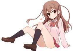 Rule 34 | 1girl, achiga school uniform, arm support, atarashi ako, black socks, bow, bowtie, brown footwear, brown hair, cardigan, closed mouth, dress shirt, hair tie, heart, leaning forward, loafers, long hair, looking at viewer, miniskirt, pink sweater, pleated skirt, red bow, red bowtie, red eyes, saki, saki (manga), saki achiga-hen, school uniform, shirt, shisoneri, shoes, simple background, sitting, skirt, smile, socks, solo, sweater, two side up, white background, white shirt, wing collar