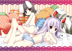 Rule 34 | 2girls, animal ears, ass, black hair, breast press, breasts, female focus, flat chest, frilled pillow, frills, fujy, inaba tewi, light purple hair, long hair, looking at viewer, lying, medium breasts, multiple girls, on stomach, panties, panties only, pillow, pink panties, purple hair, rabbit, rabbit ears, rabbit girl, rabbit tail, red eyes, reisen udongein inaba, sitting, small breasts, striped clothes, striped panties, tail, topless, touhou, underwear, underwear only