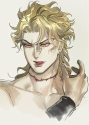 Rule 34 | 1boy, :q, birthmark, blonde hair, bustersiri, collarbone, dio brando, ear birthmark, fangs, fangs out, hand up, highres, joestar birthmark, jojo no kimyou na bouken, licking lips, male focus, phantom blood, portrait, scar, scar on neck, simple background, solo, stardust crusaders, stitched neck, stitches, tongue, tongue out, vampire, white background, yellow eyes