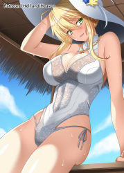 1girl ahoge arm_behind_head artoria_pendragon_(fate) artoria_pendragon_(swimsuit_ruler)_(fate) artoria_pendragon_(swimsuit_ruler)_(second_ascension)_(fate) bare_shoulders blonde_hair blue_sky blush braid breasts cleavage cleavage_cutout clothing_cutout covered_navel fate/grand_order fate_(series) french_braid green_eyes hat hellandheaven highleg highleg_one-piece_swimsuit highres hut jewelry large_breasts long_hair looking_at_viewer necklace one-piece_swimsuit open_mouth parted_lips sidelocks sky smile sun_hat swimsuit thighs wet white_headwear white_one-piece_swimsuit