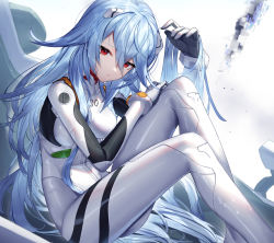 Rule 34 | 1girl, absurdres, alternate hair length, alternate hairstyle, arm up, ayanami rei, blue hair, bodysuit, breasts, commentary, evangelion: 3.0+1.0 thrice upon a time, feet out of frame, hair between eyes, hand on own thigh, highres, knees up, long hair, looking at viewer, medium breasts, neon genesis evangelion, playing with own hair, plugsuit, rebuild of evangelion, red eyes, scottie (phantom2), sitting, solo, very long hair, white bodysuit