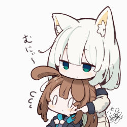 Rule 34 | 0 0, 2girls, amiya (arknights), animal ear fluff, animal ears, arknights, bare shoulders, beni shake, black jacket, blush, brown hair, cheek poking, chibi, closed mouth, commentary request, flying sweatdrops, green eyes, grey background, hair between eyes, hood, hood down, hooded jacket, jacket, kal&#039;tsit (arknights), long hair, multiple girls, off-shoulder jacket, off shoulder, poking, rabbit ears, signature, simple background, translation request, upper body, white hair, white jacket