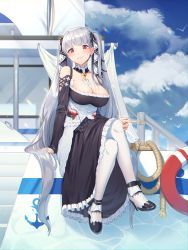 Rule 34 | 1girl, absurdres, azur lane, bare shoulders, between breasts, black dress, blue sky, blush, breasts, cleavage, crossed legs, day, dress, earrings, formidable (azur lane), frilled dress, frills, goback, grey hair, hair ribbon, highres, jewelry, large breasts, long hair, long sleeves, looking at viewer, outdoors, pantyhose, red eyes, ribbon, sky, solo, twintails, two-tone dress, very long hair, white pantyhose